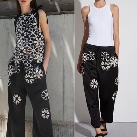 NEW Saintart Elastic-Waist Embroidered Floral Wide-Leg Pants Black Size: Small - Picture 7 of 7